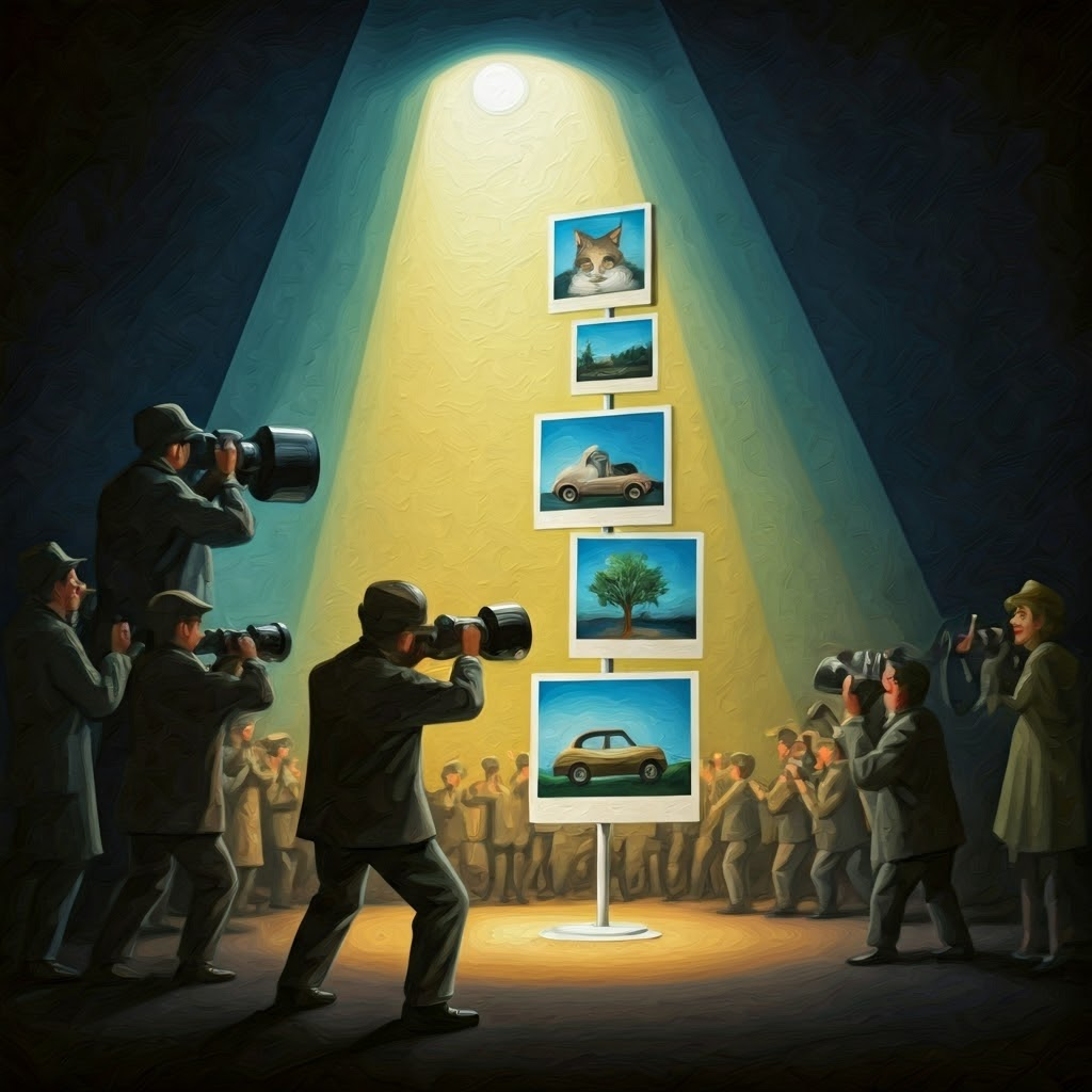 Gouache scene of judges rating photo stacks labeled cat, tree, car