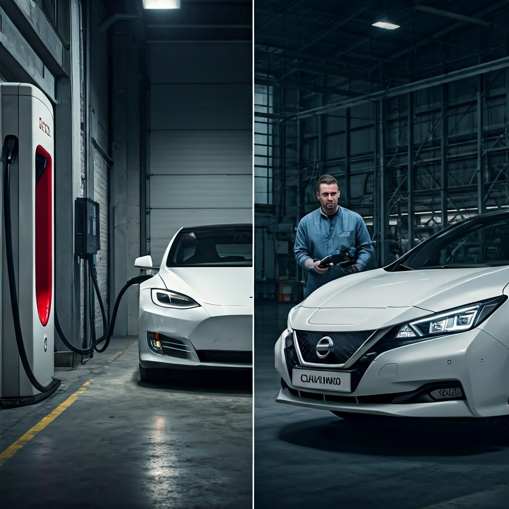 Tesla Supercharger next to Nissan CHAdeMO port, comparing evolving standards