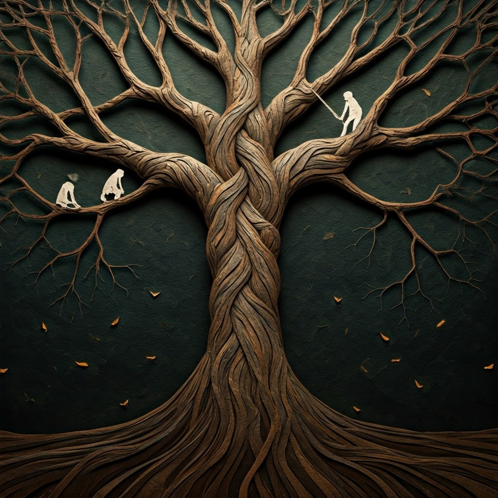 Origami collage of a tangled hominin family tree with paper silhouettes of different species.