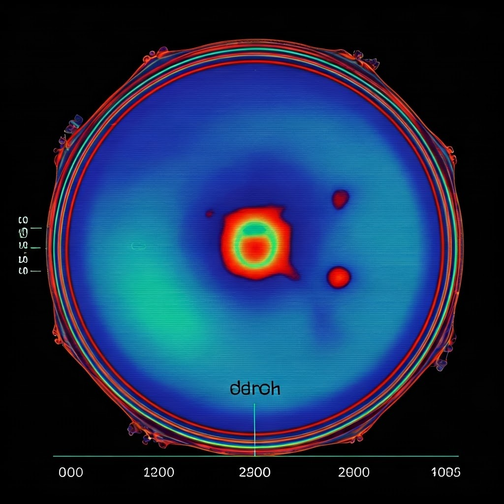 Drum head in thermal colors where cool blues show soft hits and fiery reds show loud hits, with decibel labels.