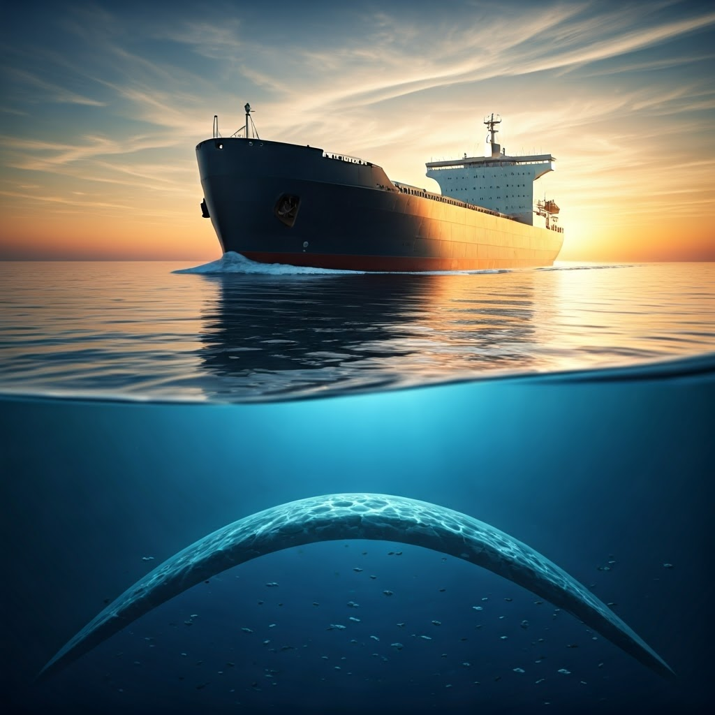 Steel ship floats by displacing water, visual split above and below surface.