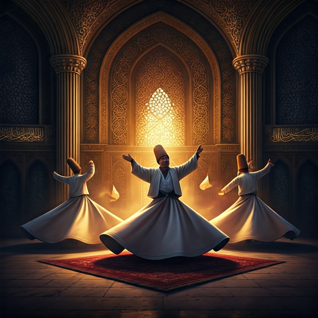 Sufi lodge with spinning dervishes and an elder poet reciting verses under warm lanterns.