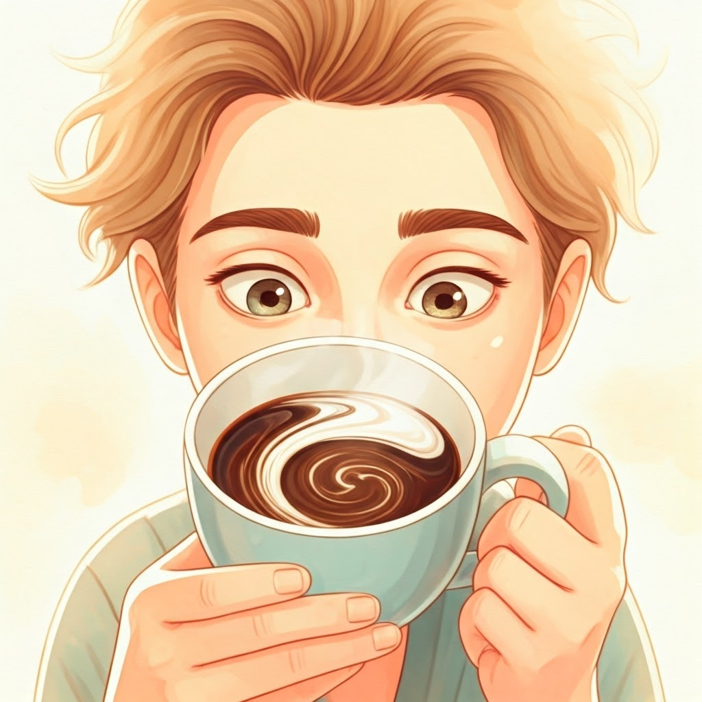 Person gazing into a yin-yang swirl in a coffee cup, blending milk and black coffee to hint at mixed states