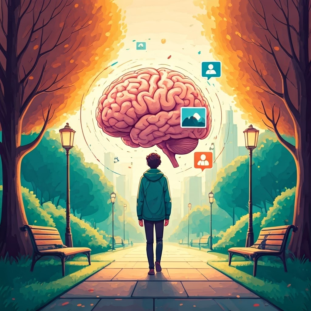 Pastel illustration of a person walking in a park as colorful fact bubbles and photo icons swirl around their head, showing conscious blending of memory types.