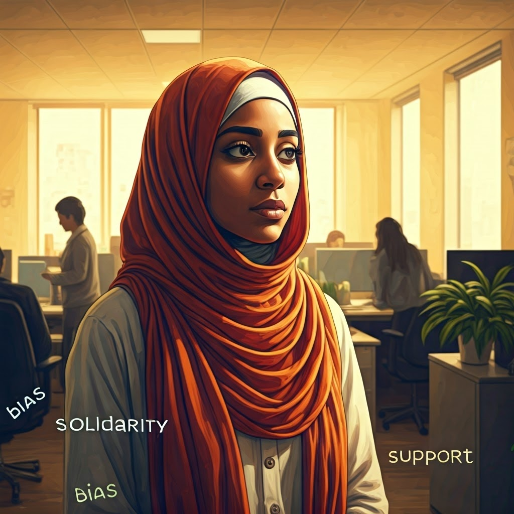 Muslim woman in a hijab standing thoughtfully in an office corridor, words like bias and support drifting around her