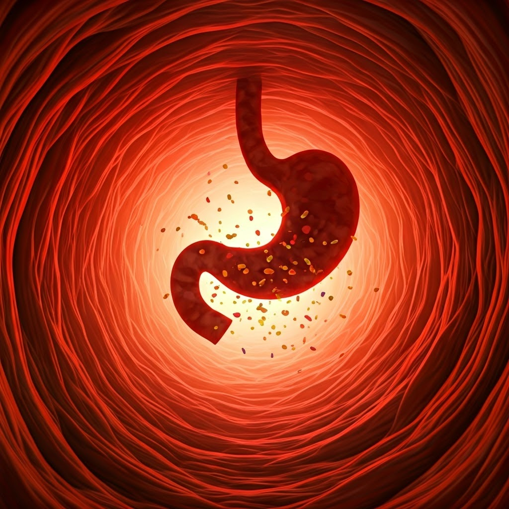 Interior view of the stomach churning food into acidic soup, visualizing intense digestion.