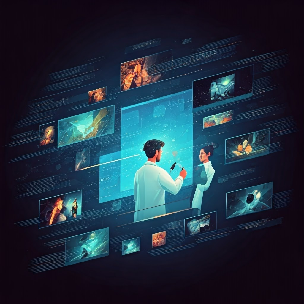 An abstract digital laboratory where creators in lab coats tinker with floating images and text bubbles. Each image evolves rapidly—polaroids, comics, screenshots—while scientists take notes. Style: neo-tribal techno-illustration with semi-opaque layers, rhythmic patterns, and dynamic motion lines that emphasize rapid remixing and the participatory culture described by Henry Jenkins.