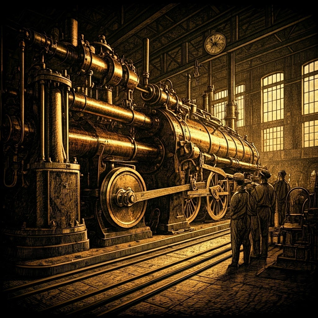 Early steam engine of brass and iron inside an engine house, representing the first practical solution