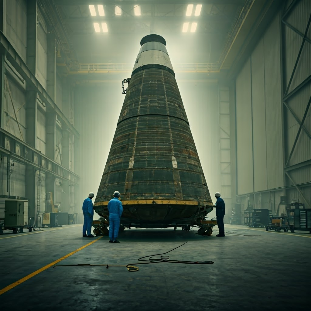 Technicians examine a grounded rocket stage inside a foggy hangar
