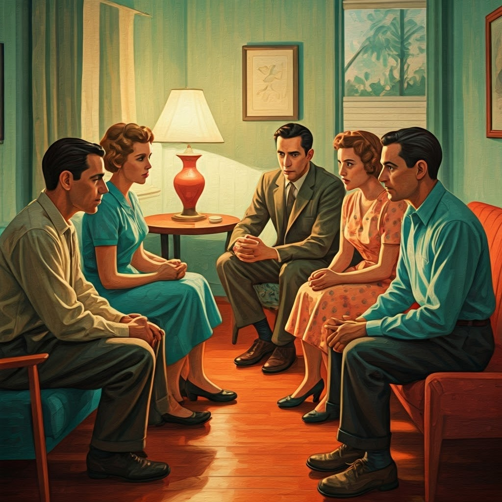 1950s living-room meeting of LGBTQ friends sharing stories, highlighting early private support networks.
