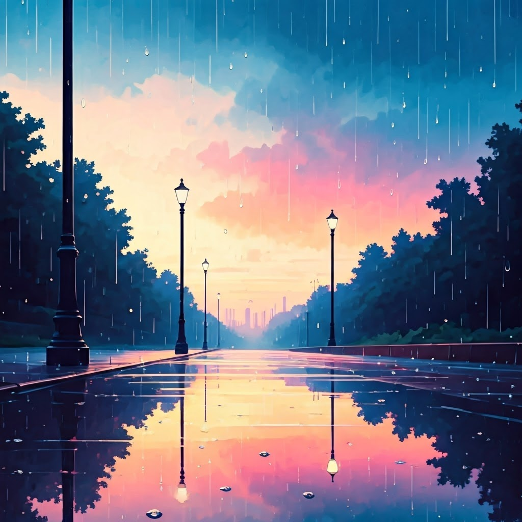 Rain-soaked city street at dawn, pastel sky reflecting on wet pavement, mist rising among lampposts and trees