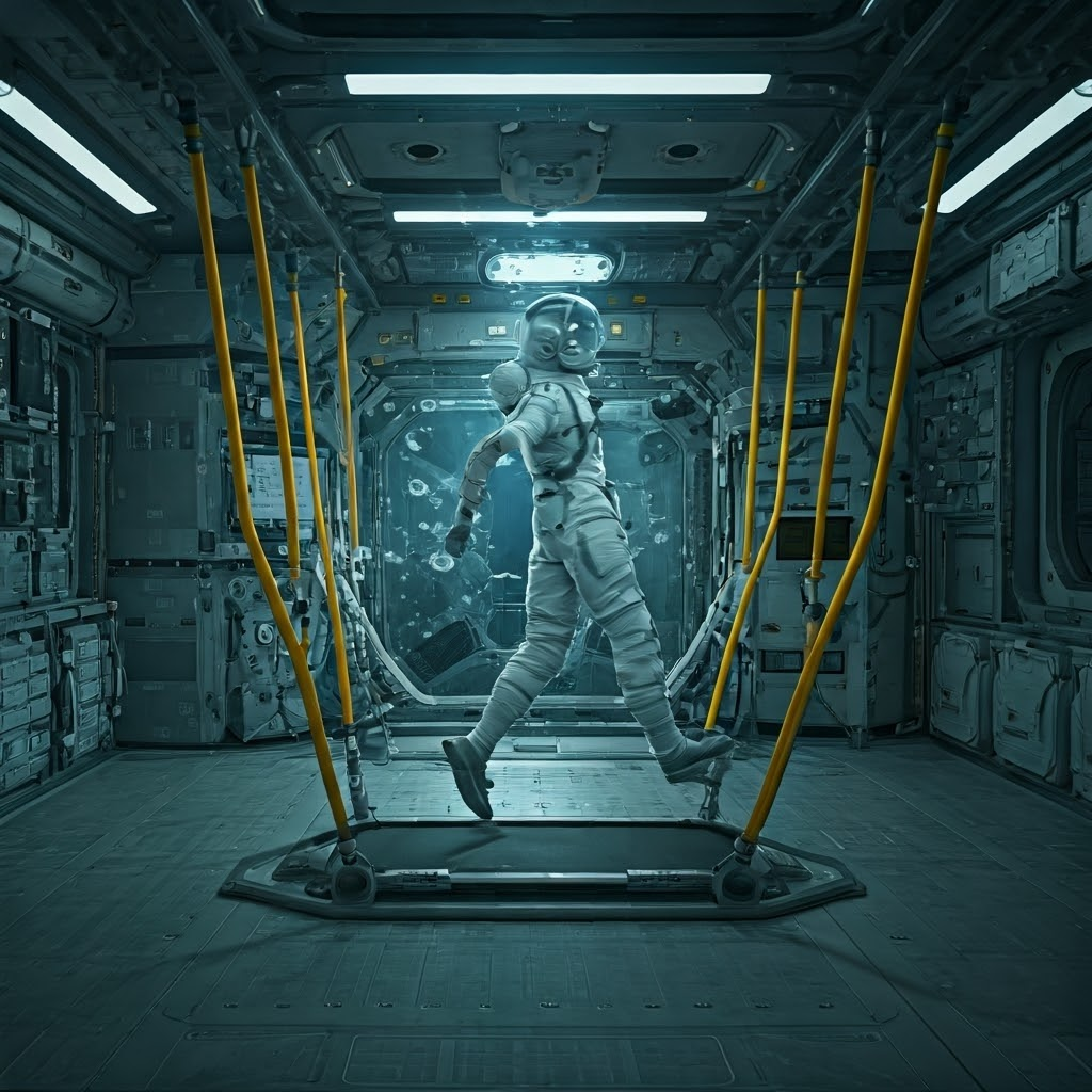 Astronaut runs on a treadmill with bungee harness while resistance machines float in the ISS gym.