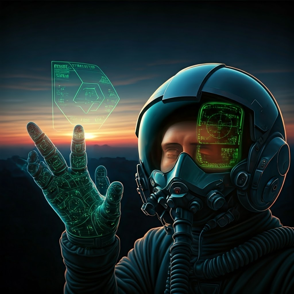 A 1990s promo with elastic data gloves and a pilot helmet with vivid HUD overlays, tracing the evolution from labs to products