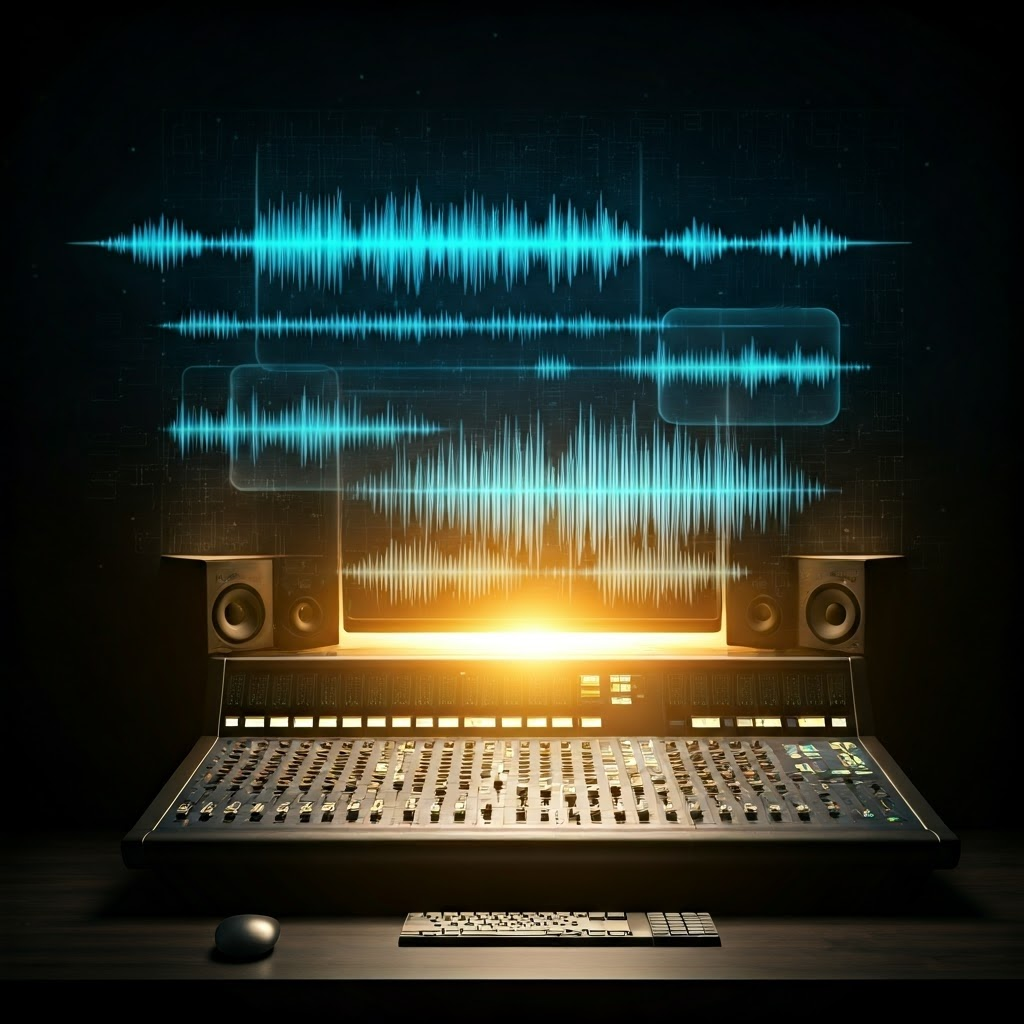 Sound engineer surrounded by softly glowing audio-wave panels in a high-tech studio