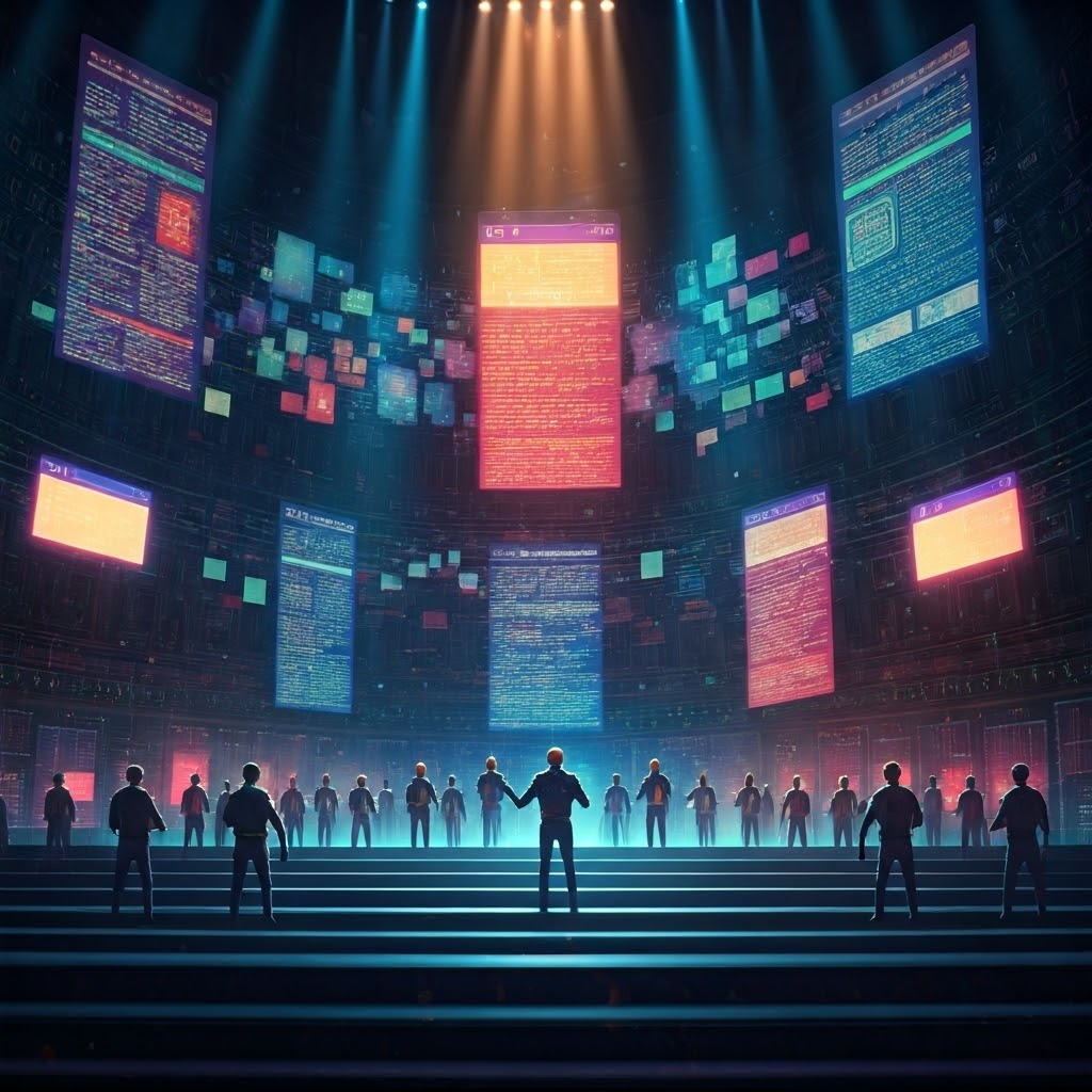 Epic scene of server characters conducting a symphony of web pages and network paths