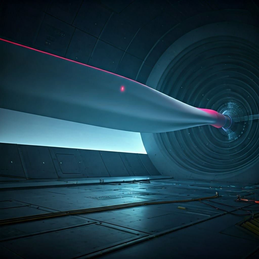 Massive composite turbine blade under wind-tunnel testing with digital sensors.