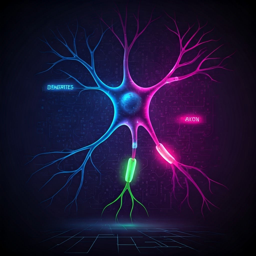 Retro-futuristic diagram highlighting dendrites, soma, and axon of a neuron with neon colors for educational clarity.