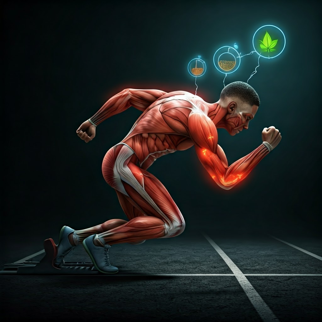 Concept art of a sprinter with muscle batteries flashing low and three energy-system icons lined up like a relay team.