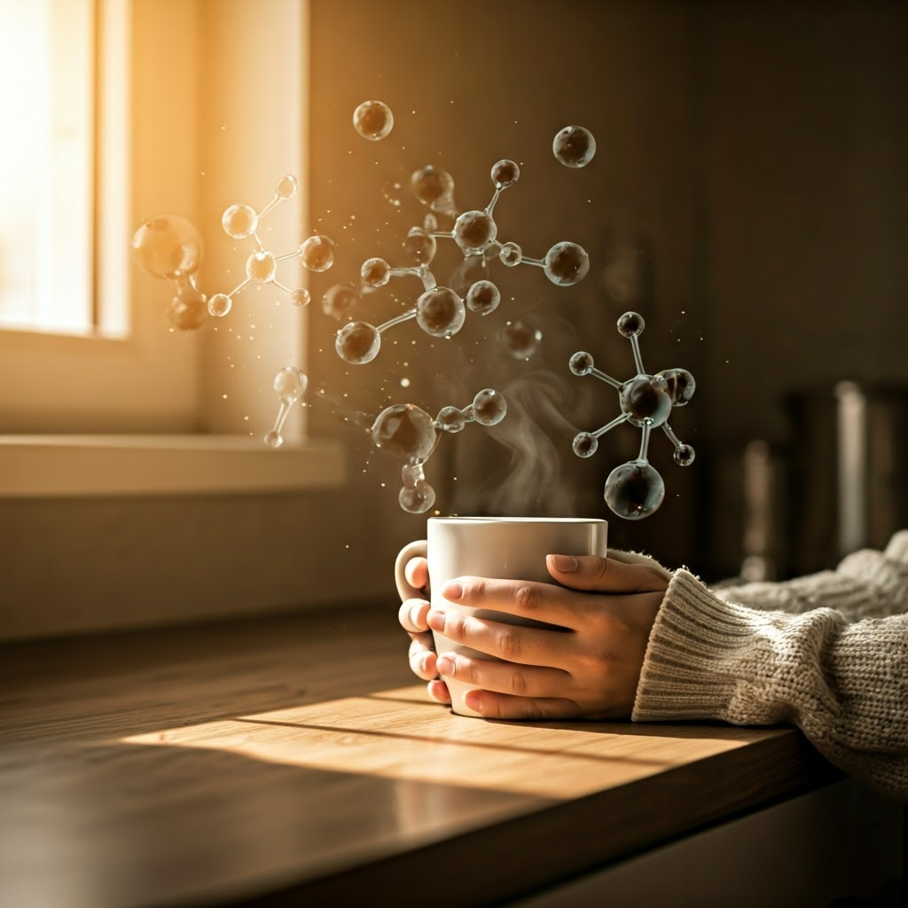 Hands hold a steaming ceramic mug on a wooden countertop while glowing particles float around, suggesting energetic molecules.