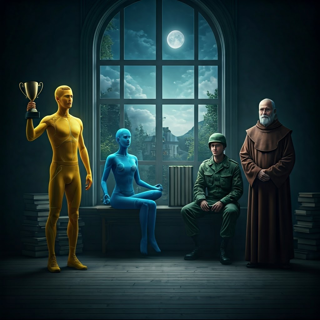 Cinematic portrait of Dopamine, Serotonin, Norepinephrine, and Acetylcholine personified