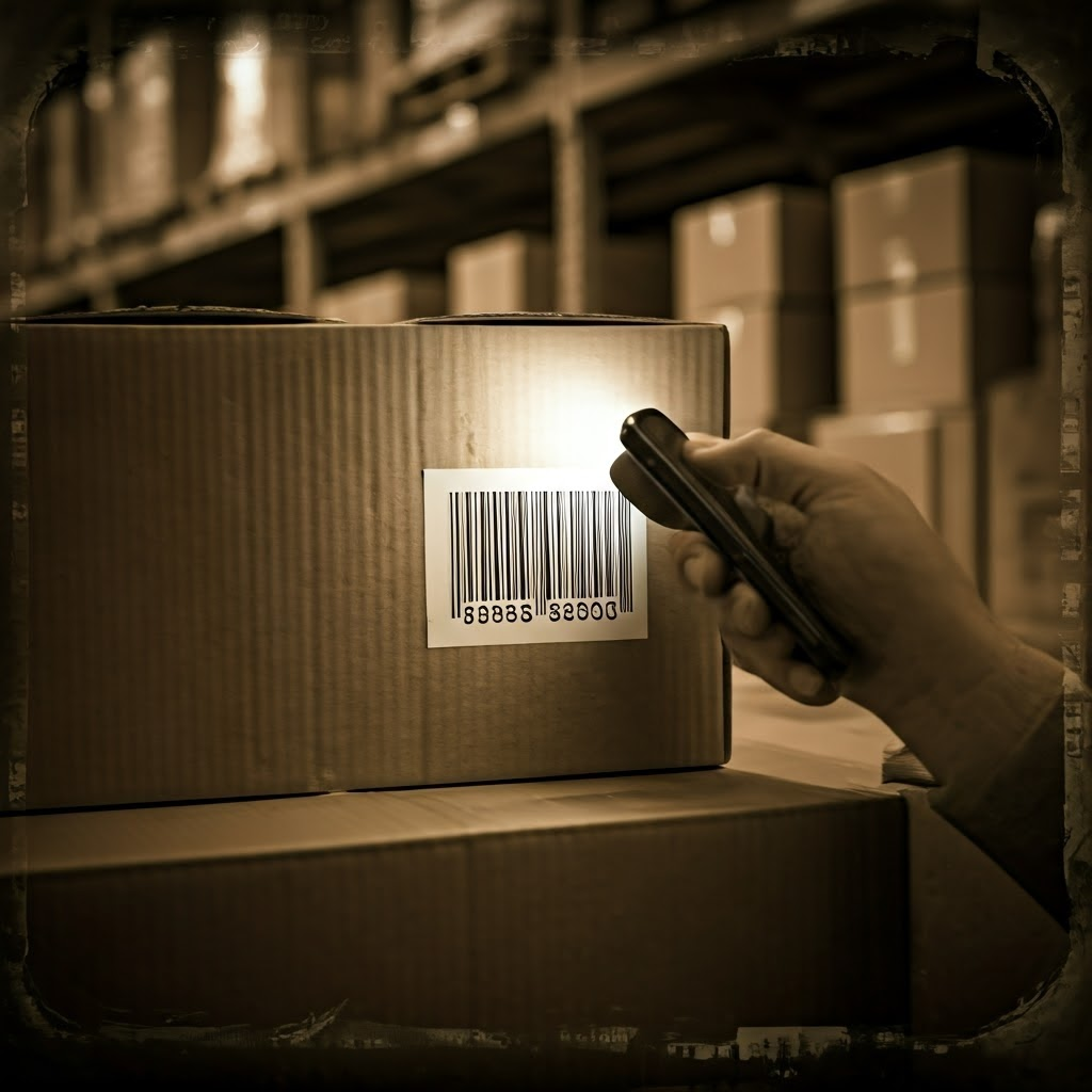 Shopper scans a box barcode in a dim storeroom, phone light catching dust and worn labels