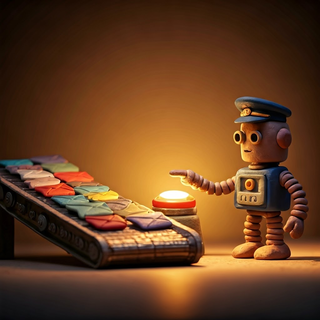 Clay robot mail carrier sorting colorful envelopes on a conveyor