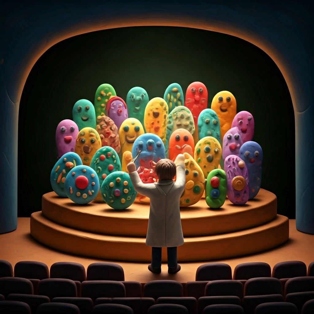 Clay-model choir of colorful cell singers led by a scientist conductor, embodying cell diversity.