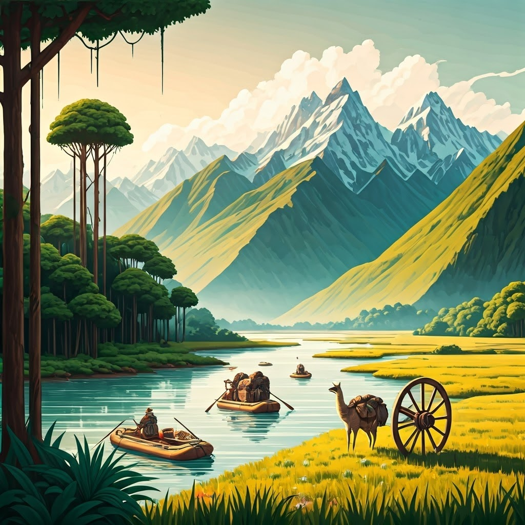 Illustrated comparison of jungles, mountains, and plains showing why wheels suited some terrains but not others.