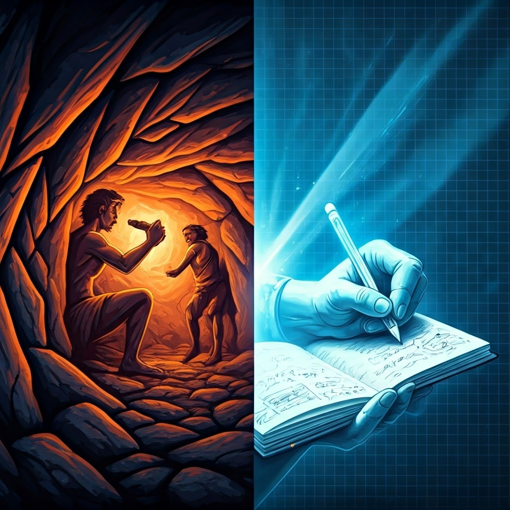 Split scene linking prehistoric cave artist and modern doodler, symbolizing timeless creative impulse.
