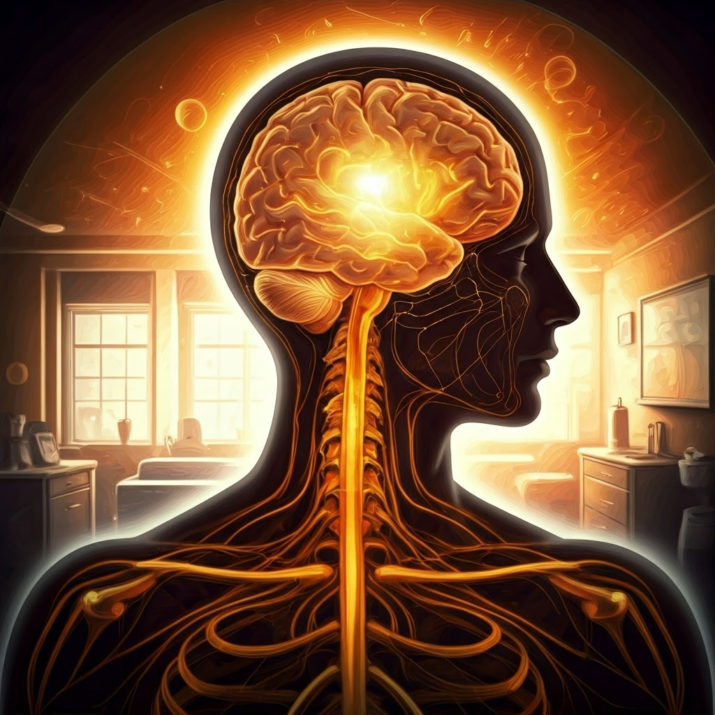 Warm pastel scene of a glowing brain healing among hospital and home symbols, hinting at neural repair.