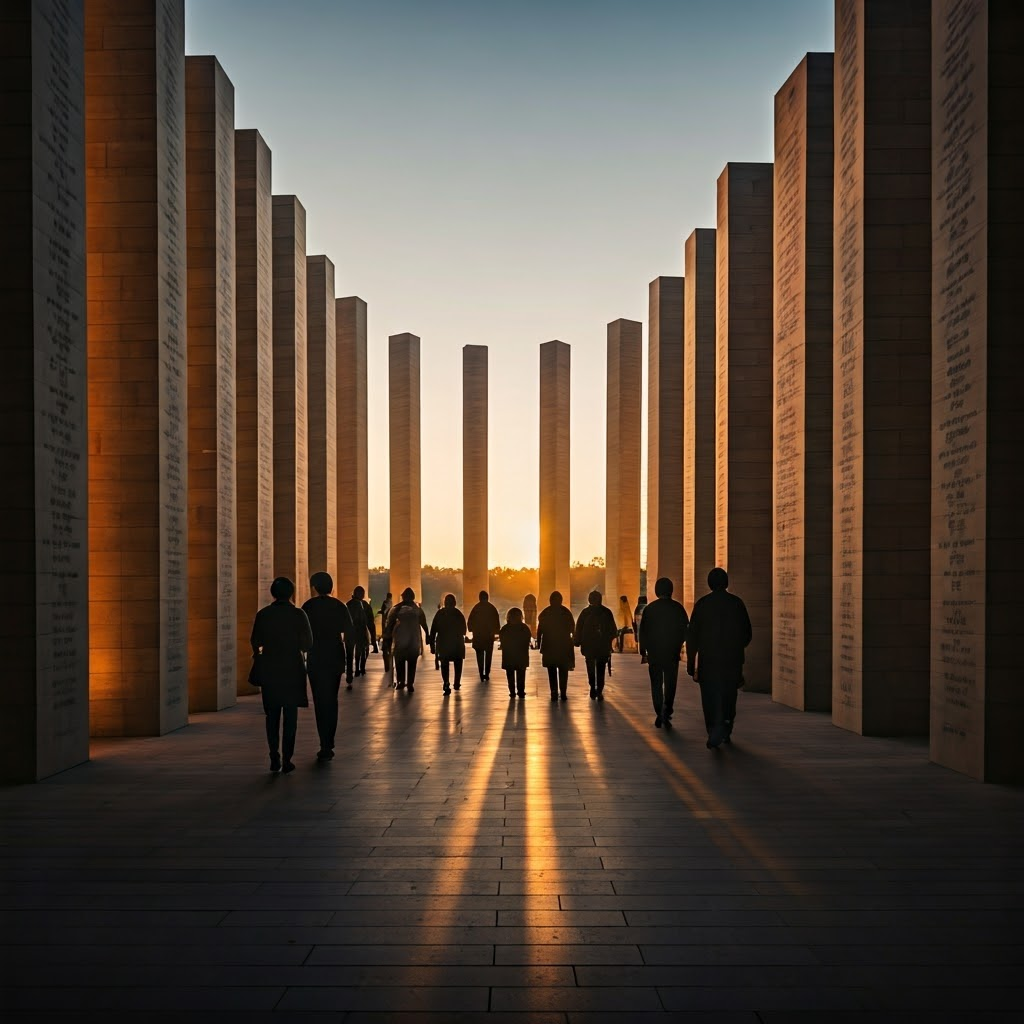Visitors at dawn entering a memorial of tall stone pillars around a reflective pool, soft light and long shadows evoke quiet reflection