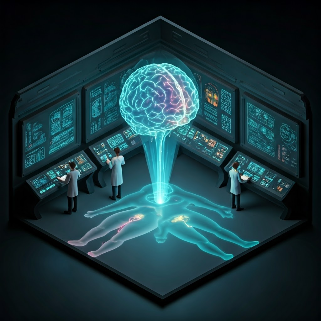A sleek control room shows color-coded neural routes for touch, vision, hearing, taste, and smell converging on a glowing brain model.