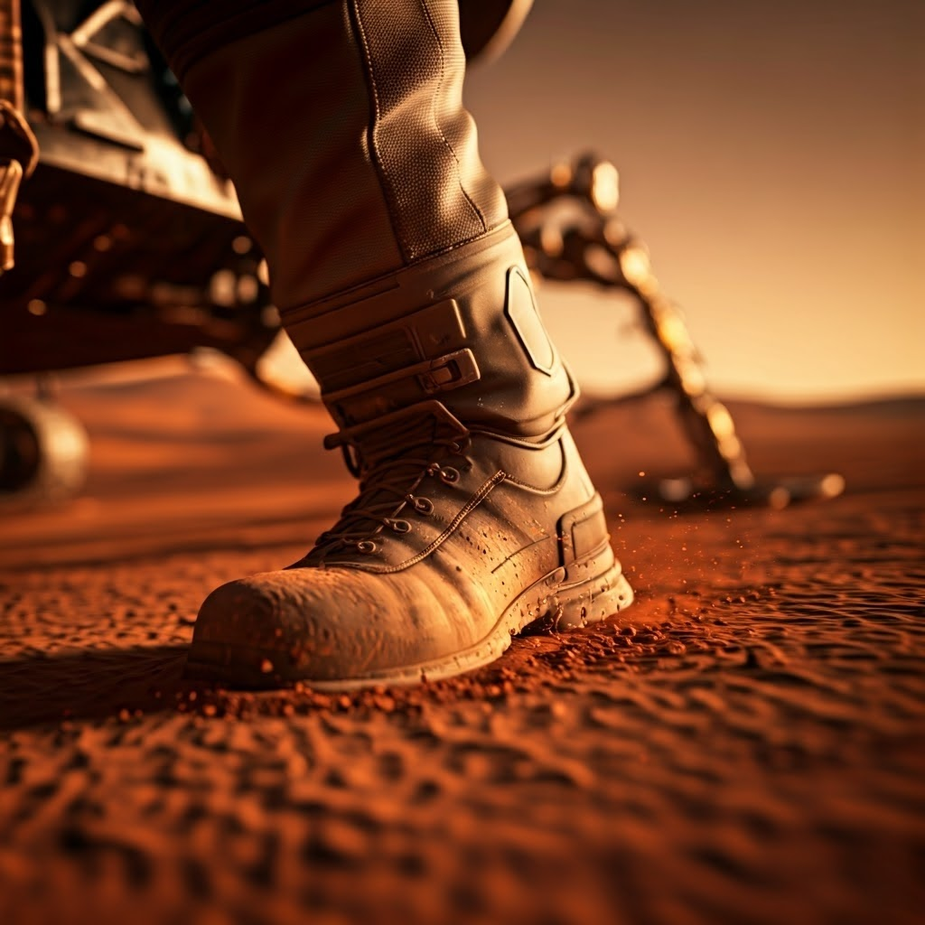 A boot presses into fine red soil beside the lander’s leg, marking first contact with Mars.