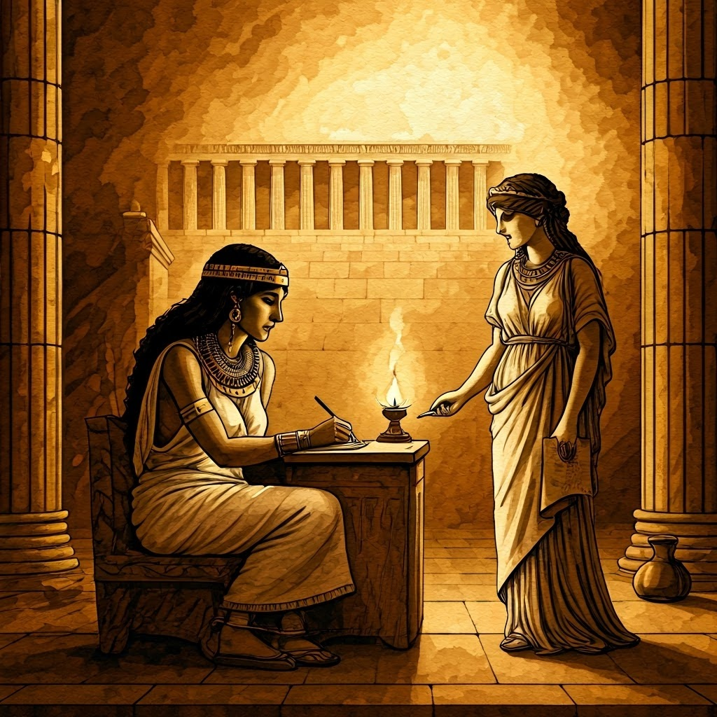 Sumer priestess signing a clay contract beside an Athenian heiress.