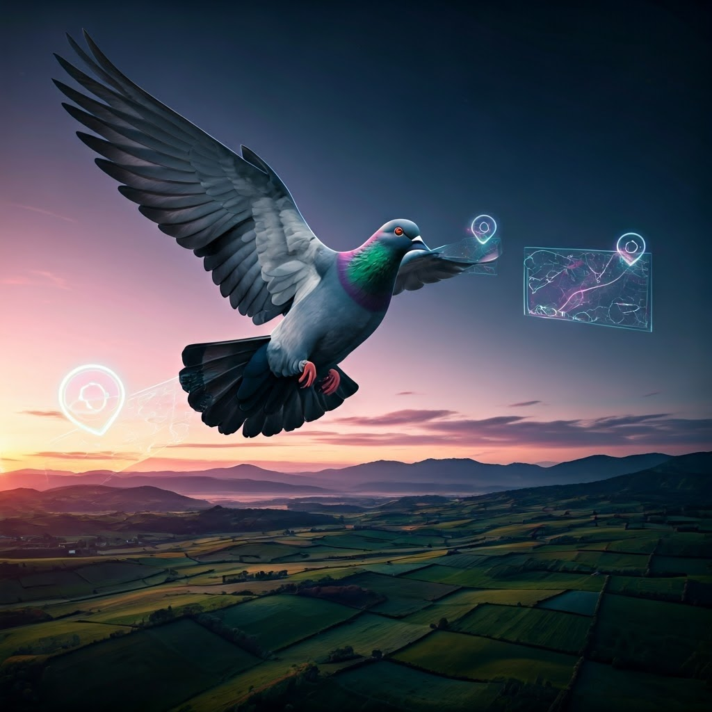 Hyper-realistic render of a homing pigeon flying at twilight, surrounded by holographic waypoint icons that trace rivers and mountains below
