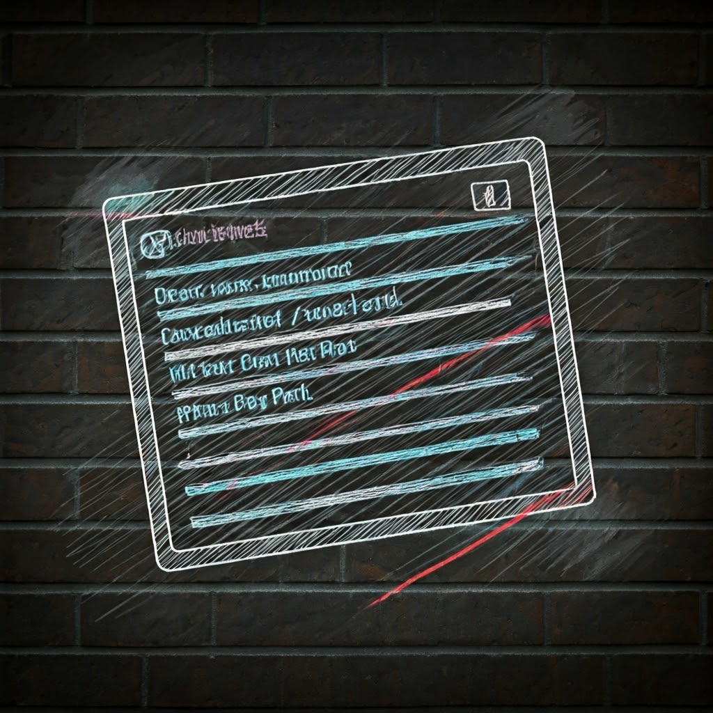 A chalk-style email layout on a brick wall highlights odd grammar and fake logos, revealing a scammer's careless body text.