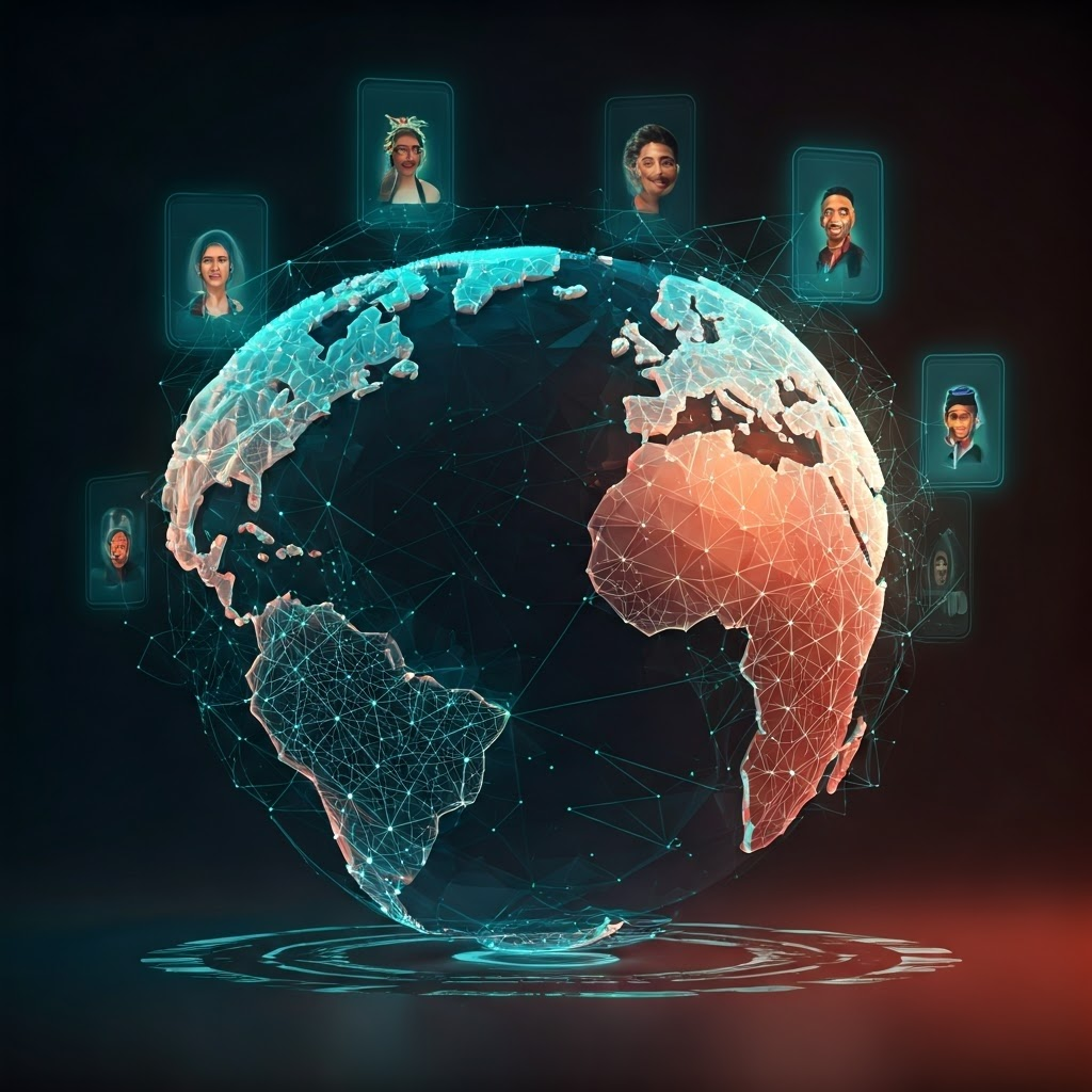 Glowing pastel globe linked by network threads to holographic portraits of people from many cultures, highlighting worldwide DAO access