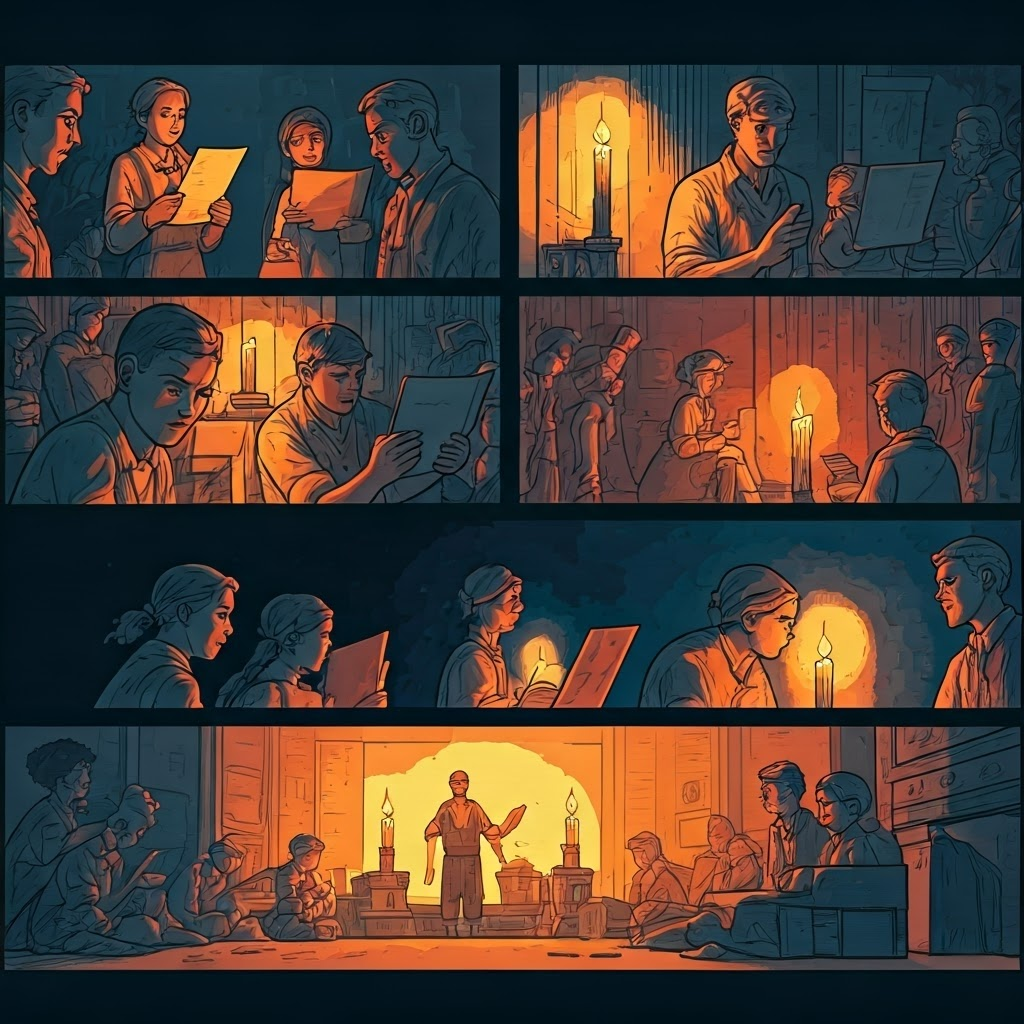 Graphic panels show children and adults learning to read, then writing petitions, finally passing a torch of knowledge forward.