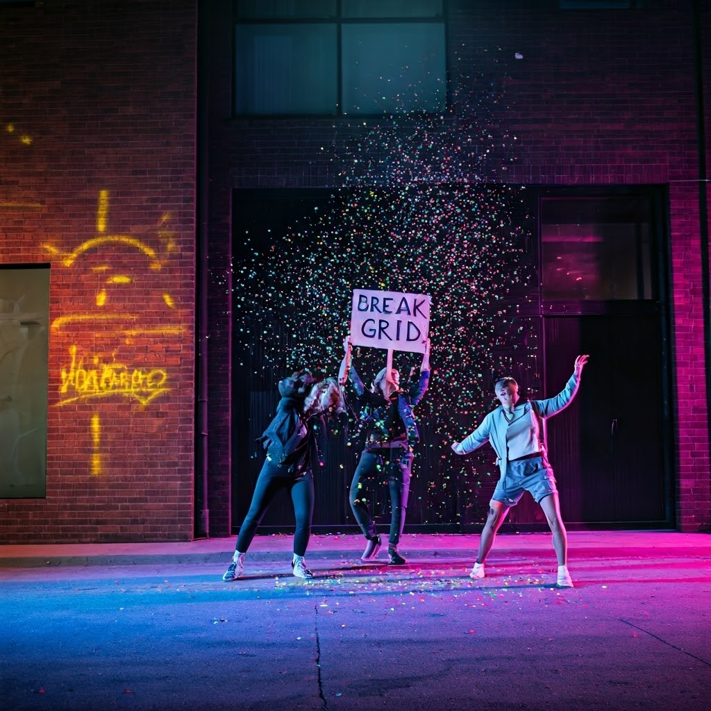 A playful street performance where artists break social media poses—one person holds a sign that reads ‘Break the Grid’, another dances off-camera. Confetti and neon scribbles fill the air. Style: dynamic performance art photograph with high contrast, bold street style, splashes of neon graffiti, and motion blur to show rebellion against trends and celebrate creative defiance.