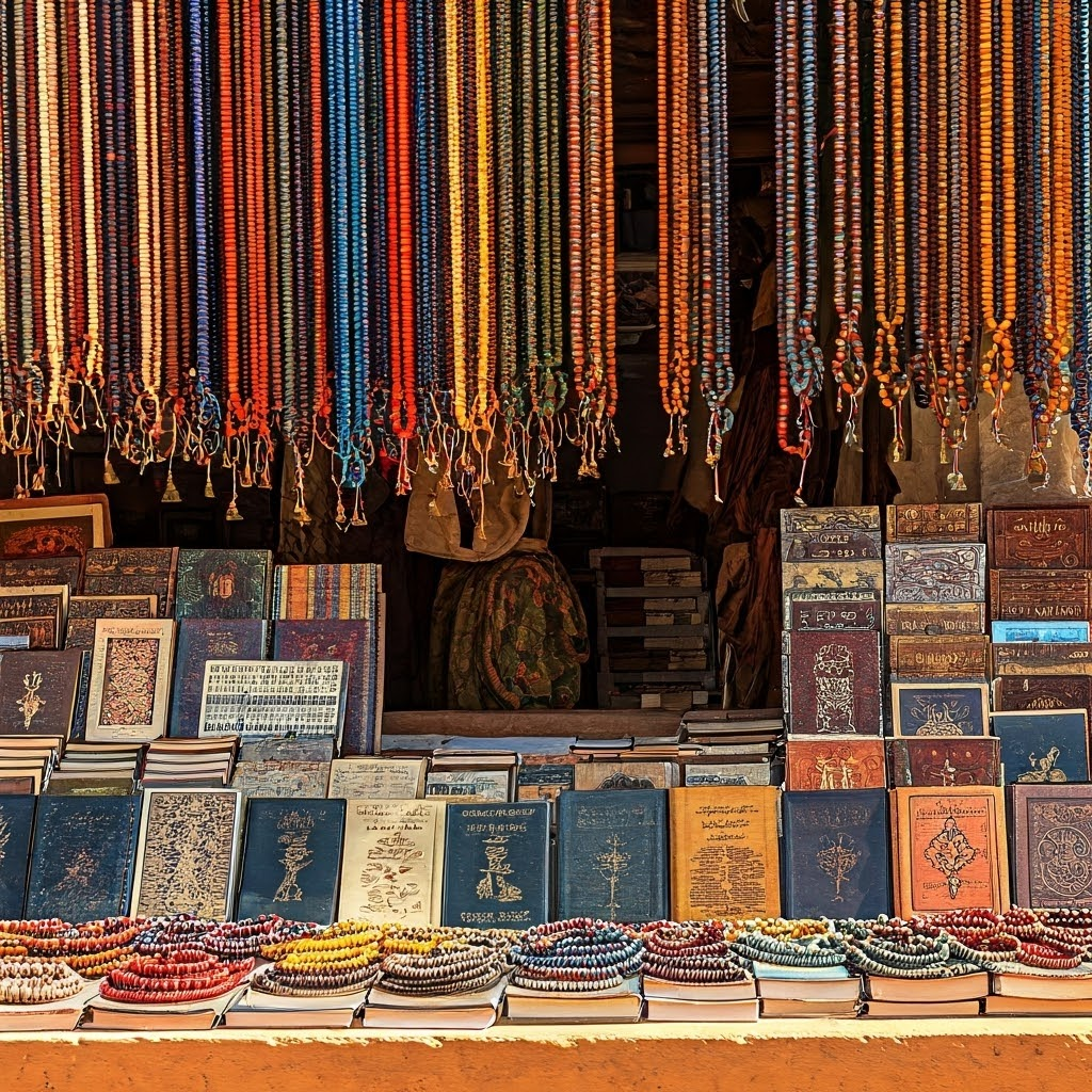 Lively street markets in Goa and Timbuktu with merchants exchanging goods and faith symbols, showing trade’s role in religious spread
