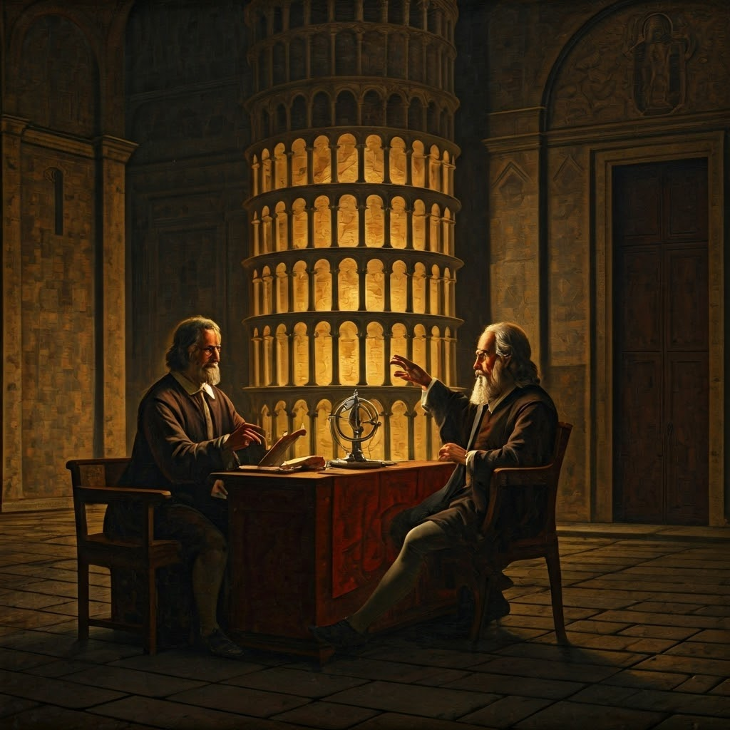 Galileo dropping objects off Pisa's tower, capturing the impact of tangible proof over tradition