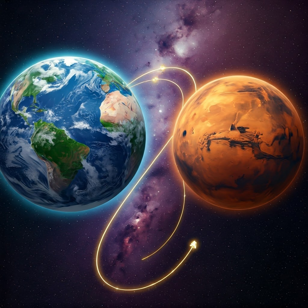 Earth and Mars linked by a glowing orbital arc symbolizing a Hohmann transfer path.