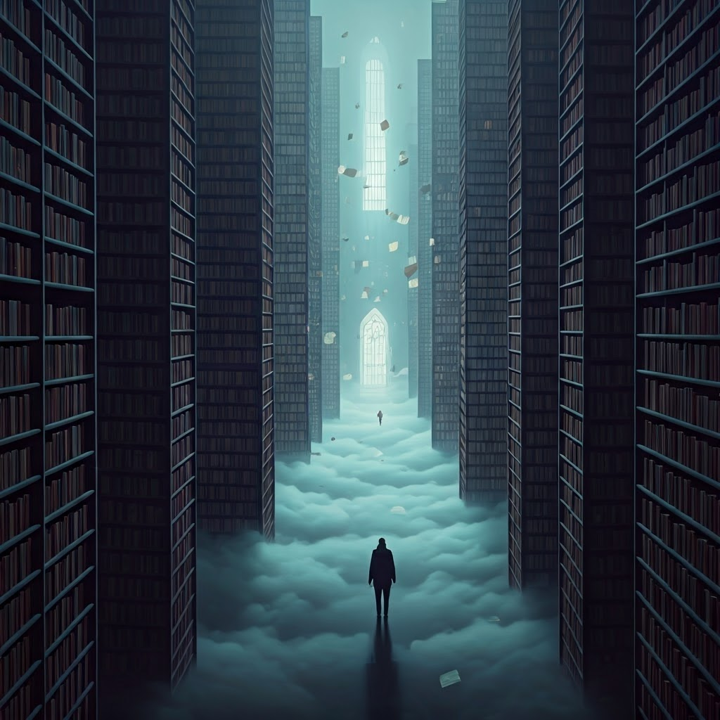 Glitch-style digital artwork of an endless misty library with overlapping holographic texts and a lone wanderer seeking meaning.