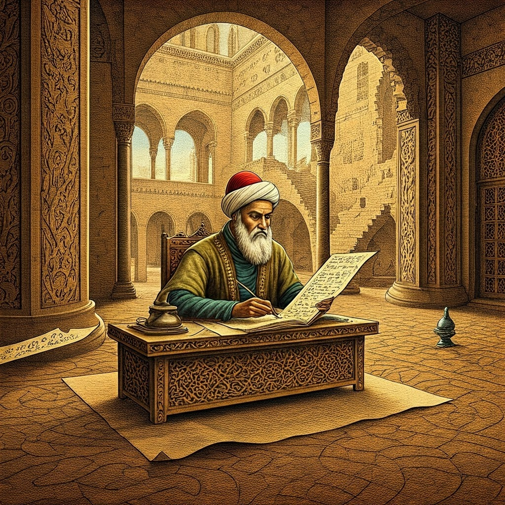 Surreal illustration of al-Khwarizmi surrounded by floating equations, capturing the birth of algebra in the House of Wisdom