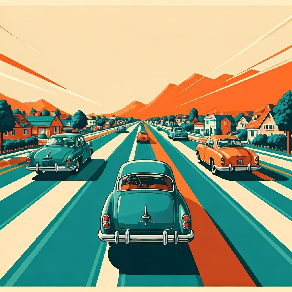 Retro-futurist poster of cars speeding on wide highways cutting through homes, symbolizing postwar car dominance.