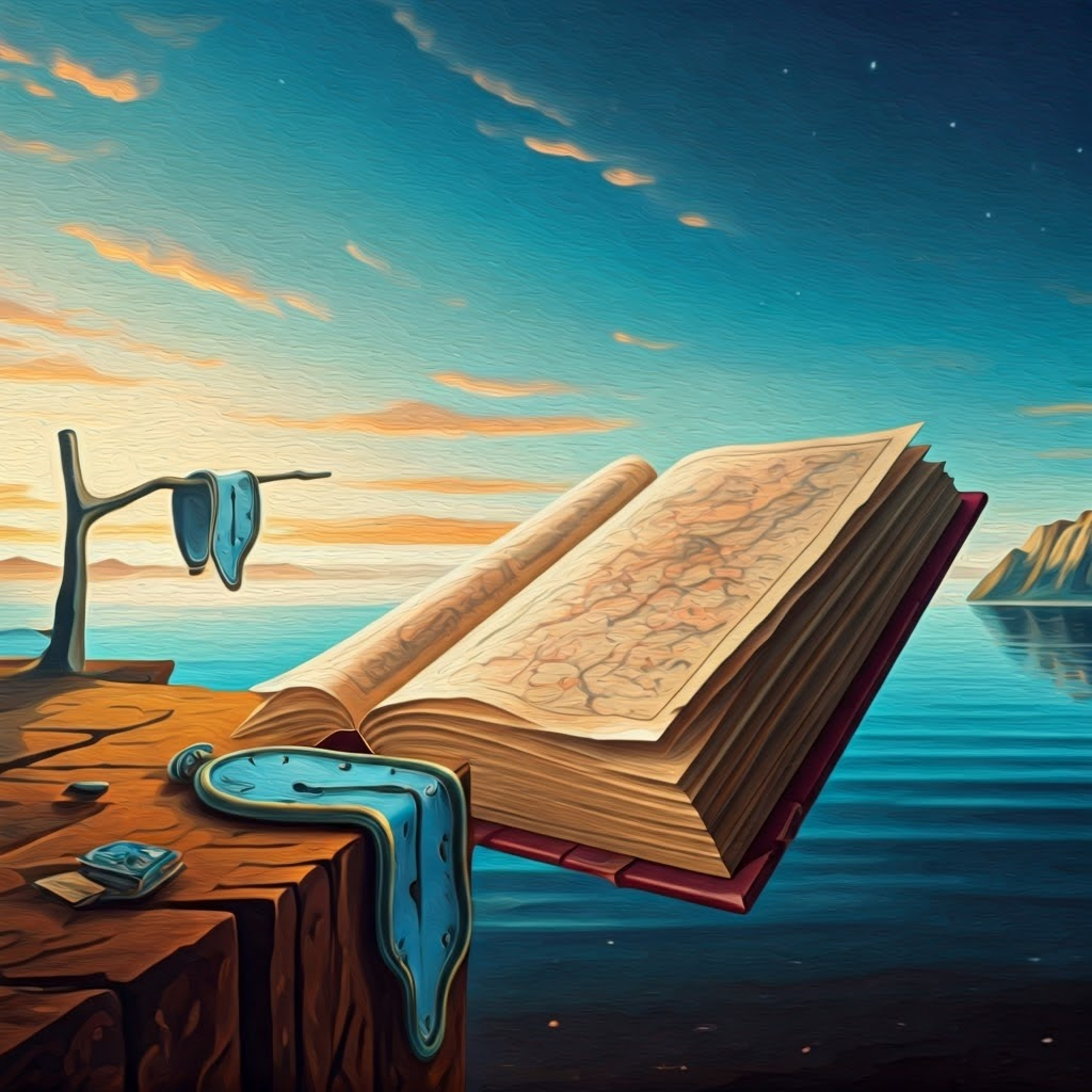 Surreal floating book and nameless map under a twilight sky stress the need for titles and labels