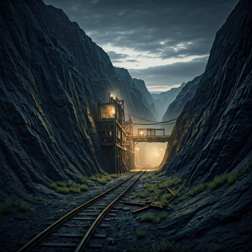 3D render of a vast 19th-century coal mine at dusk, tired miners near towering spoil heaps.