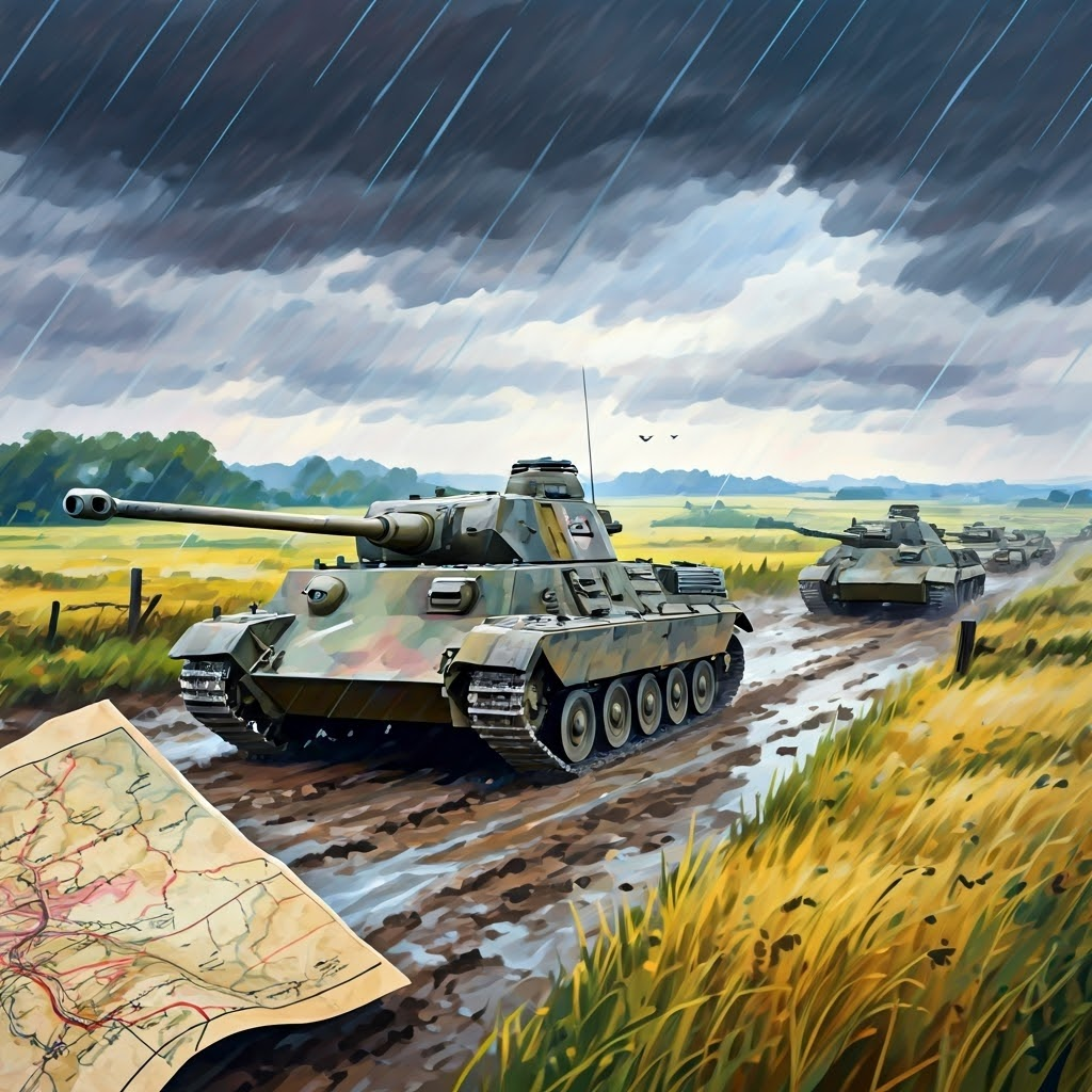 Panzers race toward the English Channel as stunned Allied troops watch, symbolizing rapid territorial gains.