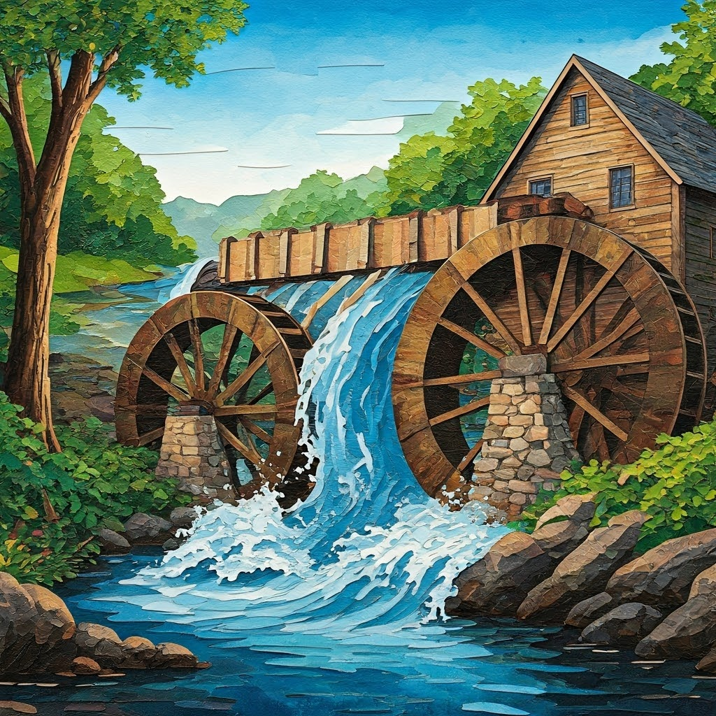 Colorful cut-paper collage blending historic water wheels with modern turbines