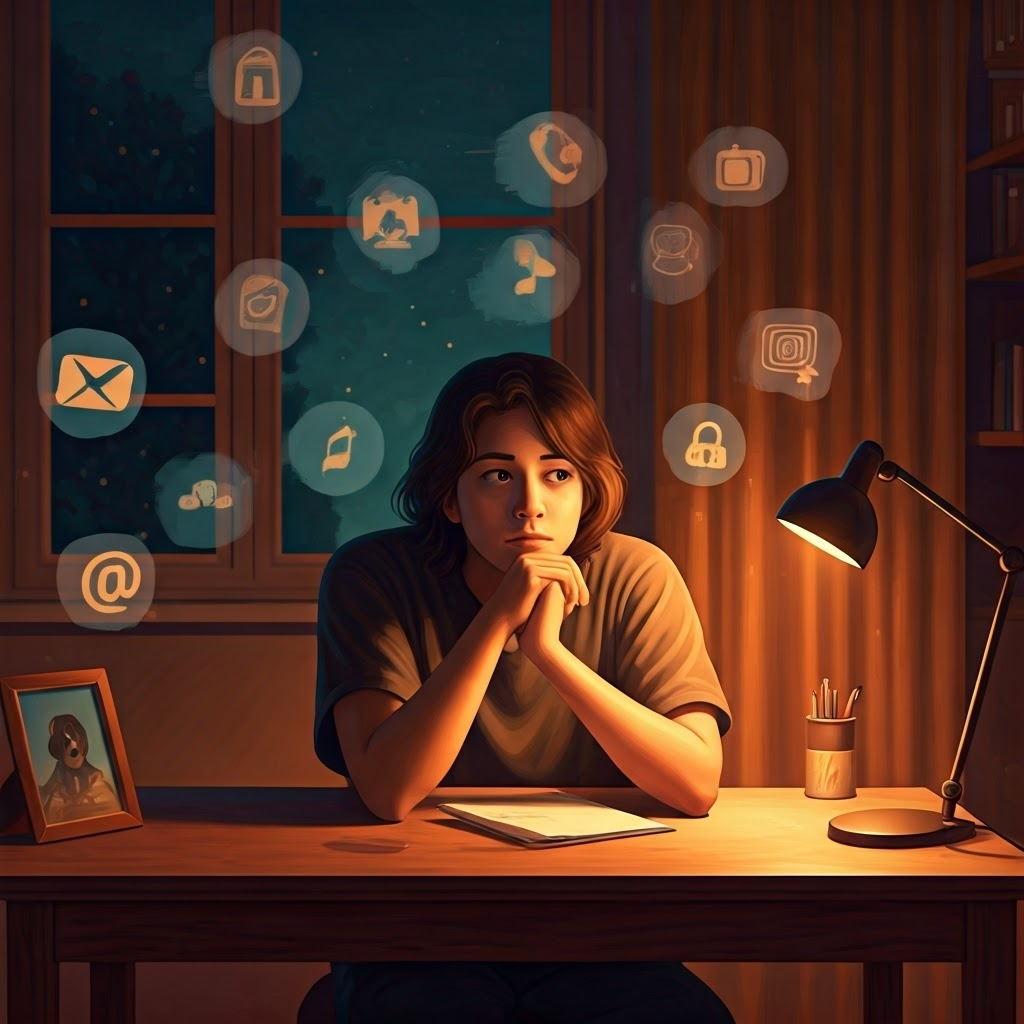 Young adult at a desk, surrounded by floating app icons that represent many online accounts and suggest personal password choices.